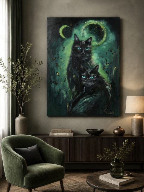 Obraz olejny 60 × 80 cm "Dwa czarne koty z turkusowymi oczami"