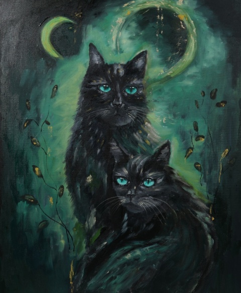 Obraz olejny 60 × 80 cm "Dwa czarne koty z turkusowymi oczami"