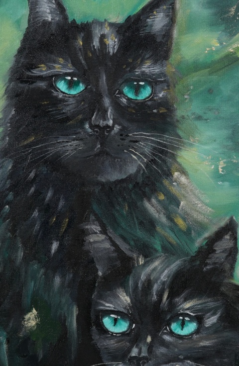 Obraz olejny 60 × 80 cm "Dwa czarne koty z turkusowymi oczami"