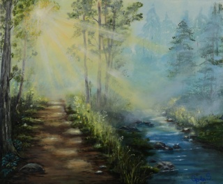 Obraz akrylowo olejny 40x50 cm "Las w promieniach słońca"