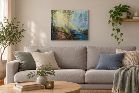 Obraz akrylowo olejny 40x50 cm "Las w promieniach słońca"