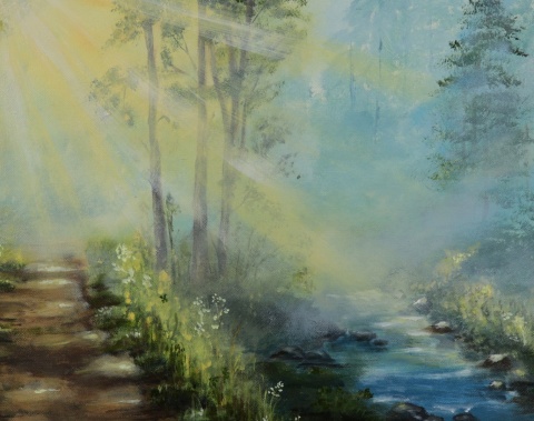 Obraz akrylowo olejny 40x50 cm "Las w promieniach słońca"