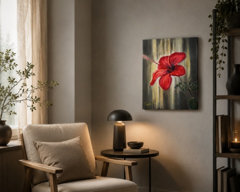 Obraz olejny 40x50 cm "Czerwony hibiskus"