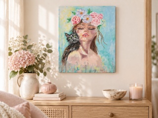 Obraz olejny 40x50 cm – "Kobieta kwiaty we włosach i kot"