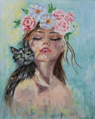 Obraz olejny 40x50 cm – "Kobieta kwiaty we włosach i kot"