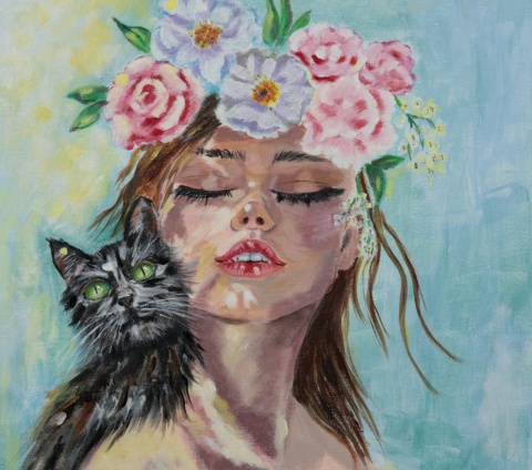 Obraz olejny 40x50 cm – "Kobieta kwiaty we włosach i kot"