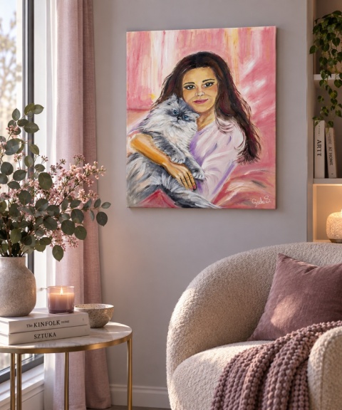 Obraz olejny 50x60 cm – Kobieta z kotem