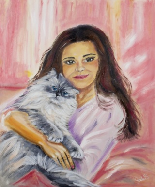 Obraz olejny 50x60 cm – Kobieta z kotem