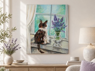 Obraz olejny 50×60 cm – Kot przy oknie i lawenda