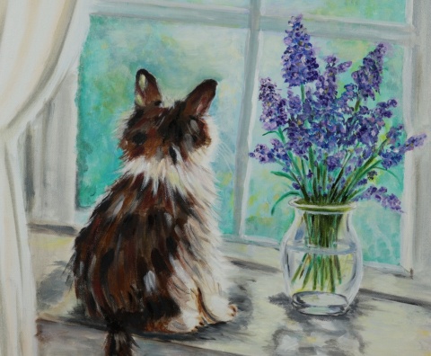 Obraz olejny 50×60 cm – Kot przy oknie i lawenda