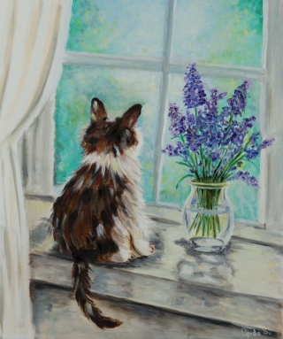 Obraz olejny 50×60 cm – Kot przy oknie i lawenda