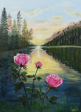 Obraz olejny 60x80 cm „Róże nad jeziorem”