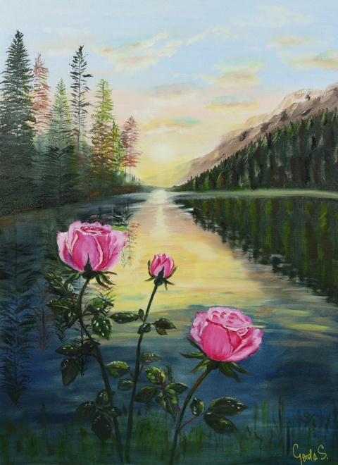 Obraz olejny 60x80 cm „Róże nad jeziorem”