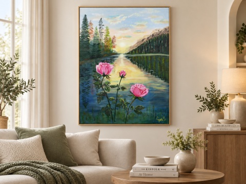 Obraz olejny 60x80 cm „Róże nad jeziorem”