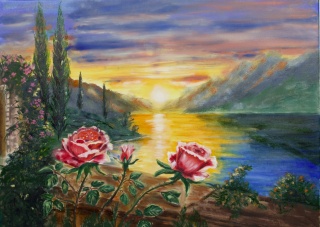 Obraz olejny 60x80 cm „Róże o zachodzie”