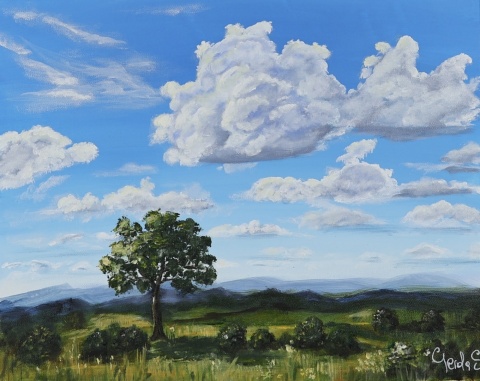 Obraz akryl + olej 40x50 cm „Samotne drzewo pod chmurami”