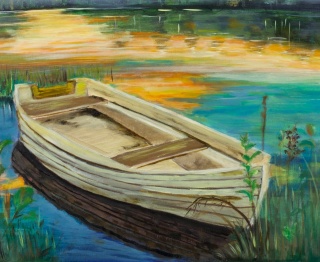 Obraz olejny 55x75 cm „Łódka o zachodzie”