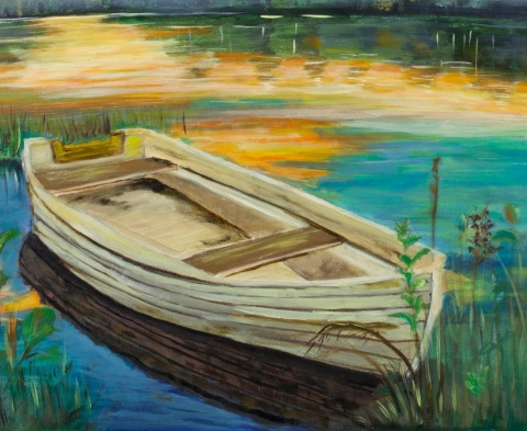 Obraz olejny 55x75 cm „Łódka o zachodzie”