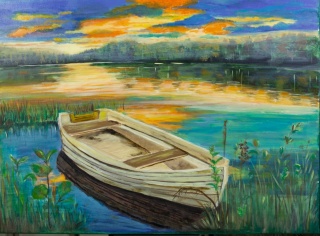 Obraz olejny 55x75 cm „Łódka o zachodzie”